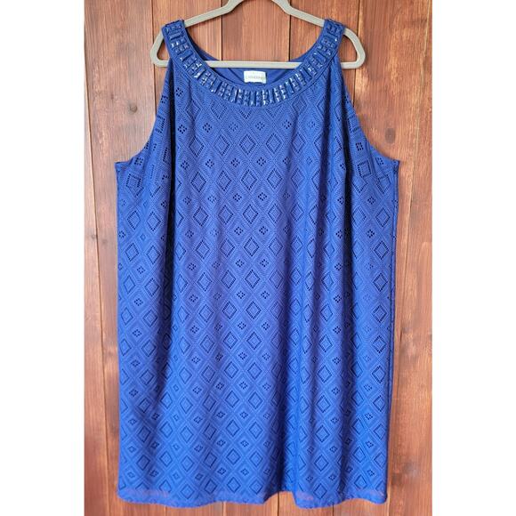 Catherines Plus Royal Blue Eyelet Beaded Mock Neck Sleeveless Midi Sheath Dress - Picture 3 of 5